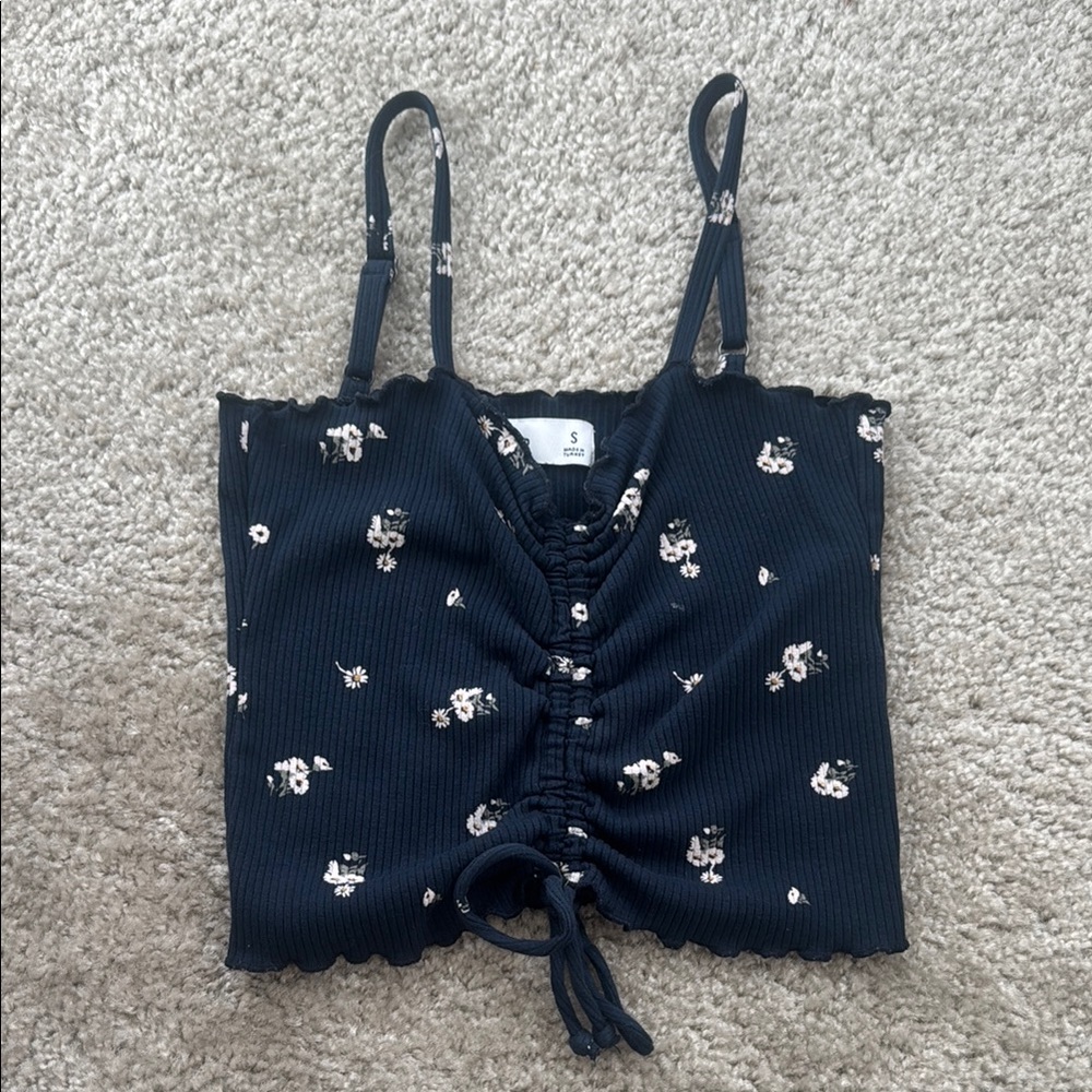 Hollister Blue and White Ruched Tie Front Camisole